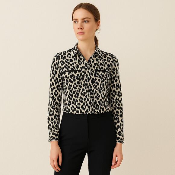 ZARA Size Small Women's Black White Animal Leopard Print Button Down Shirt - Picture 2 of 10